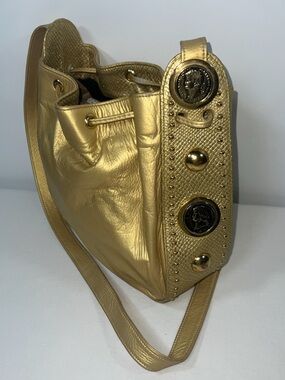 Vintage St Maarten Gold Metallic Leather Cinched/Bucket Bag Boho- Medallion Stud